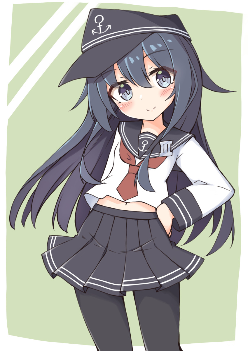 1girl absurdres akatsuki_(kantai_collection) black_headwear black_legwear black_sailor_collar black_skirt blush cowboy_shot flat_cap hair_between_eyes hat highres ichi kantai_collection long_hair long_sleeves neckerchief pantyhose pleated_skirt purple_hair red_neckwear sailor_collar school_uniform serafuku skirt smile solo violet_eyes