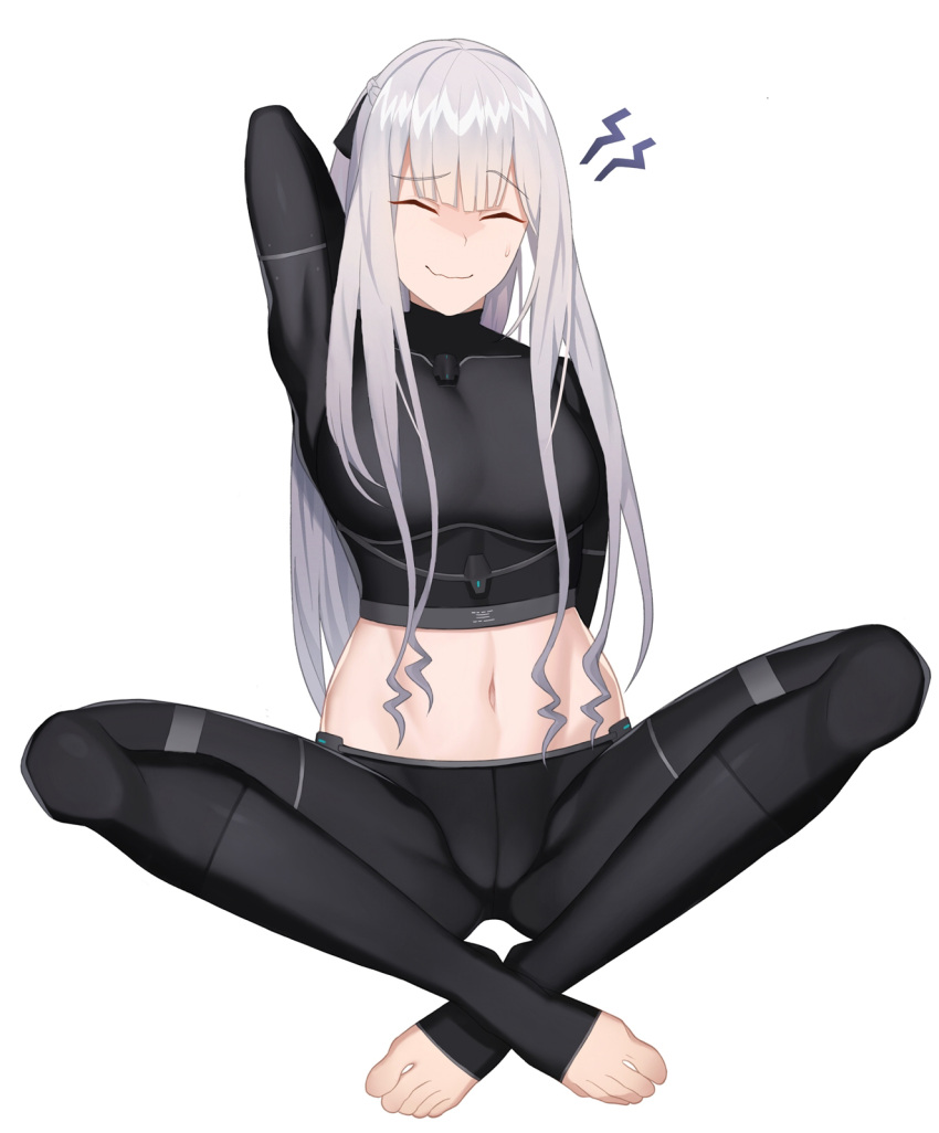 1girl ak-12_(girls_frontline) arm_behind_back arm_behind_head ass bangs barefoot black_legwear cero_(last2stage) closed_eyes commentary_request eyebrows_visible_through_hair girls_frontline highres indian_style korean_commentary long_hair midriff navel silver_hair sitting smile solo sweatdrop