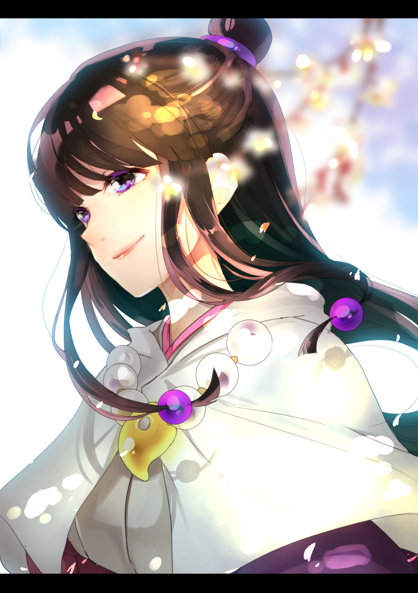 1girl absurdres ayasato_mayoi black_hair breasts closed_mouth commentary_request gyakuten_saiban gyakuten_saiban_6 hair_ornament half_updo highres jewelry long_hair magatama necklace smile solo towakarasu