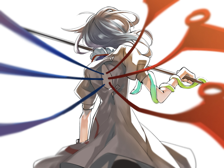 1girl asymmetrical_wings back black_dress black_hair blurry bronze_liver cowboy_shot depth_of_field dress from_behind houjuu_nue medium_hair polearm puffy_short_sleeves puffy_sleeves short_sleeves simple_background snake solo touhou weapon white_background wings