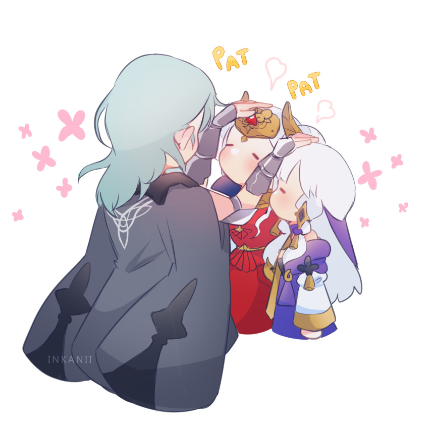 3girls arm_guards blush byleth_(fire_emblem) byleth_eisner_(female) chibi edelgard_von_hresvelg fire_emblem fire_emblem:_three_houses fire_emblem_heroes green_hair head_rub highres horned_headwear inkanii lysithea_von_ordelia multiple_girls petting silver_hair simple_background smile tiara upper_body