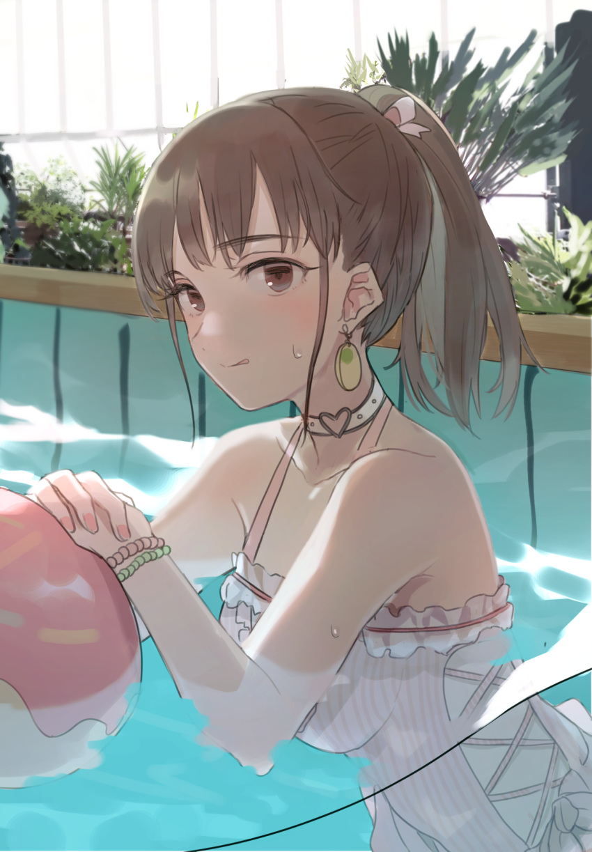 1girl :q ball bangs brown_eyes brown_hair character_request choker earrings frilled_swimsuit frills heart highres idolmaster idolmaster_shiny_colors jewelry mxwbr nail_polish plant ponytail pool solo sweat swimsuit tongue tongue_out water