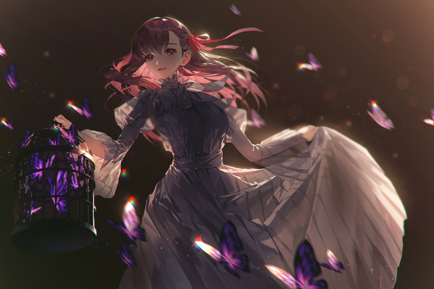1girl backlighting bangs belt birdcage black_background black_dress black_neckwear blurry bokeh bow bowtie breasts bug butterfly cage commentary depth_of_field dress eyebrows_visible_through_hair fajyobore323 fate/stay_night fate_(series) floating_hair hair_ribbon highres holding holding_cage insect juliet_sleeves light_particles long_hair long_sleeves looking_at_viewer matou_sakura medium_breasts open_mouth parted_bangs pleated_dress puffy_sleeves purple_butterfly purple_hair red_ribbon ribbon see-through_silhouette shiny shiny_hair simple_background skirt_hold smile solo standing violet_eyes wide_sleeves