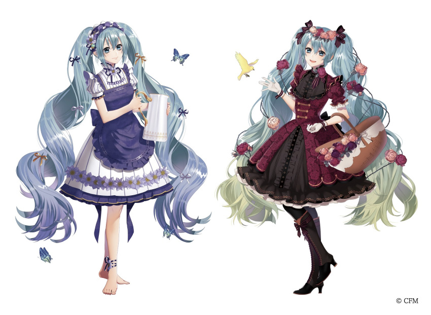 2girls :d ankle_ribbon apron barefoot basket bird black_bow black_dress black_footwear black_legwear blue_apron blue_eyes blue_hair blue_ribbon boots bow bracelet bug butterfly closed_mouth dress frilled_apron frills full_body gloves gothic_lolita gradient_hair green_hair hair_between_eyes hair_bow hatsune_miku holding holding_basket insect jewelry knee_boots lolita_fashion long_hair medium_dress multicolored_hair multiple_girls open_mouth pleated_dress ribbon shiny shiny_hair short_sleeves simple_background smile standing striped striped_bow suzunosuke_(sagula) twintails very_long_hair vocaloid white_background white_dress white_gloves