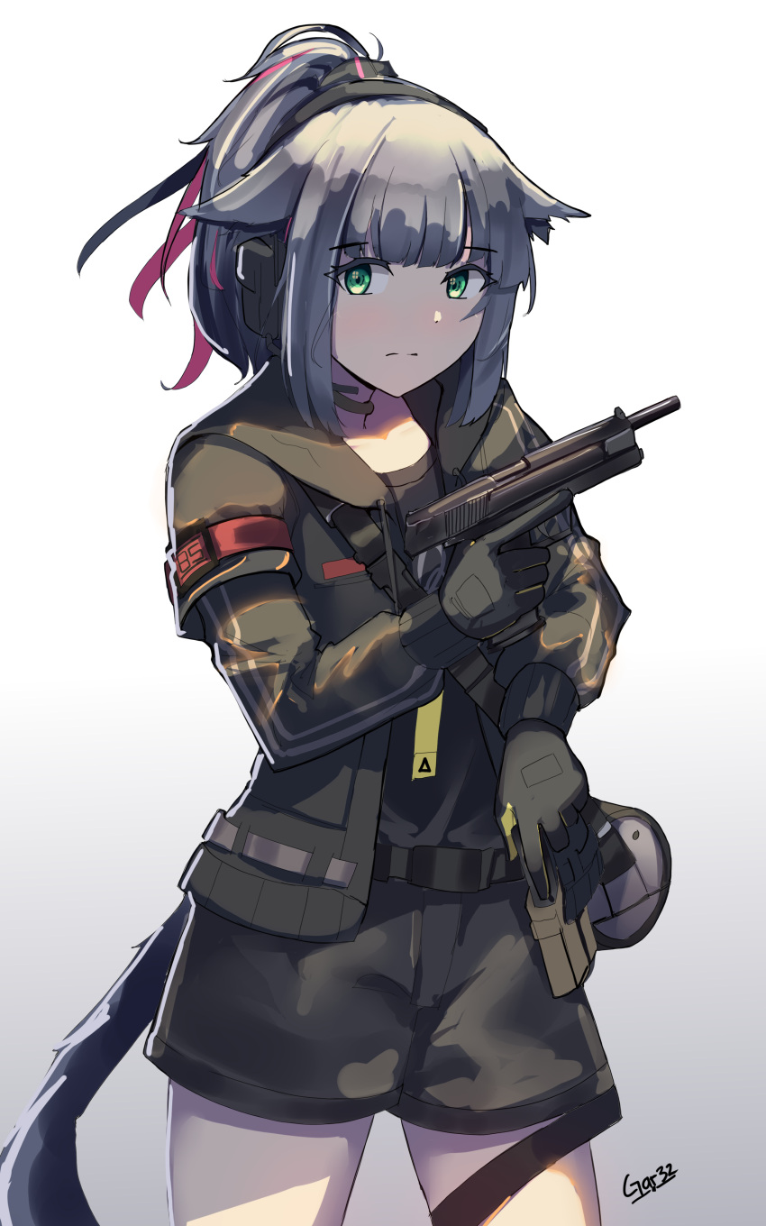 1girl absurdres animal_ear_fluff animal_ears arknights bangs black_choker black_gloves black_jacket black_shirt black_shorts choker closed_mouth commentary ear_protection eyebrows_visible_through_hair gloves gradient gradient_background green_eyes grey_background grey_hair gun hair_ribbon handgun headset high_ponytail highres holding holding_gun holding_weapon jacket jessica_(arknights) long_sleeves looking_at_viewer open_clothes open_jacket pink_ribbon pistol ponytail ribbon shirt short_shorts shorts signature solo tegar32 weapon weapon_request white_background