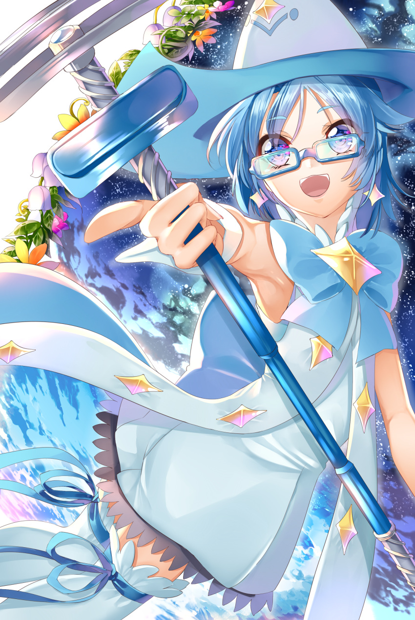 1girl :d absurdres armpits bangs blue-framed_eyewear blue_dress blue_eyes blue_hair blue_legwear blue_neckwear blue_ribbon dress earrings eyebrows_visible_through_hair glasses hair_between_eyes highres holding holding_staff houkago_no_pleiades index_finger_raised jewelry open_mouth outstretched_arm parted_bangs rectangular_eyewear ribbon shiny shiny_hair short_dress short_hair sleeveless sleeveless_dress smile solo staff thigh-highs wrist_cuffs yuutarou_(fukiiincho)