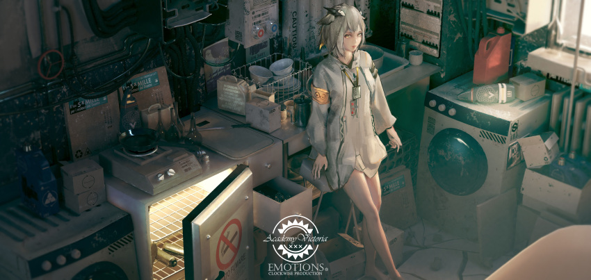 1girl absurdres apartment arknights armband bangs bare_legs barefoot bathtub bob_cut bottle casual clutter dirty dishes feathers highres leaning_back looking_at_viewer loose_clothes loose_shirt marcowwine no_smoking ptilopsis_(arknights) refrigerator shirt stove thighs tube washing_machine white_hair yellow_eyes