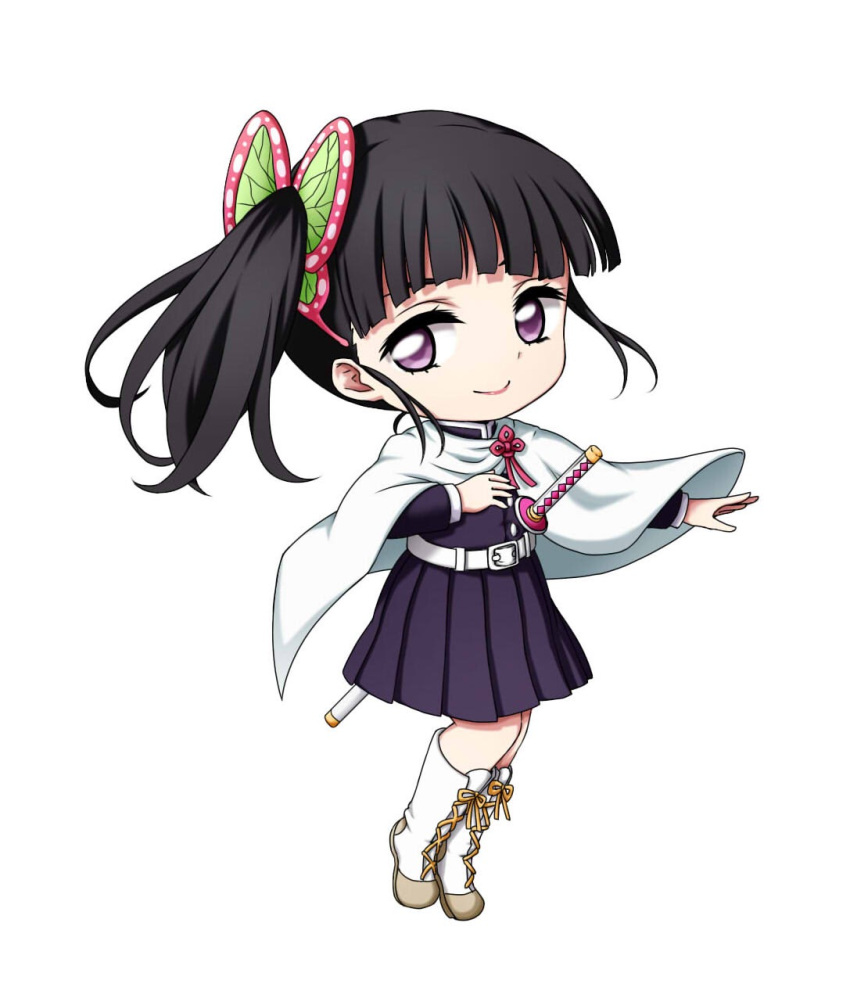 1girl bangs belt belt_buckle black_hair boots buckle butterfly_hair_ornament cloak closed_mouth cross-laced_footwear eyebrows_behind_hair full_body hair_ornament highres jacket katana kimetsu_no_yaiba kuena lace-up_boots long_sleeves looking_at_viewer pleated_skirt purple_jacket purple_skirt sheath sheathed side_ponytail simple_background skirt smile solo standing sword tsuyuri_kanao weapon white_background white_belt white_cloak white_footwear