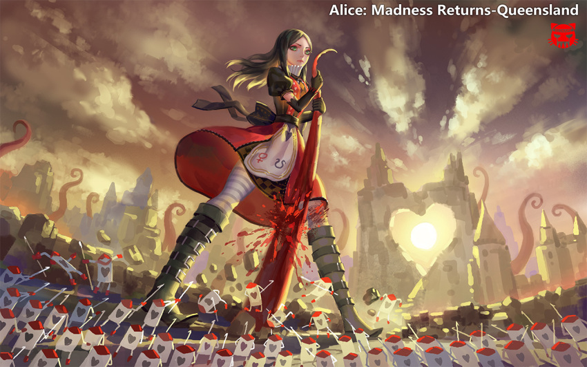 1girl alice:_madness_returns alice_(wonderland) alice_in_wonderland american_mcgee's_alice apron black_hair blood breasts card_knights closed_mouth clouds commentary dress green_eyes heart jupiter_symbol lolita_fashion long_hair pantyhose shui_qian_he_kafei solo striped