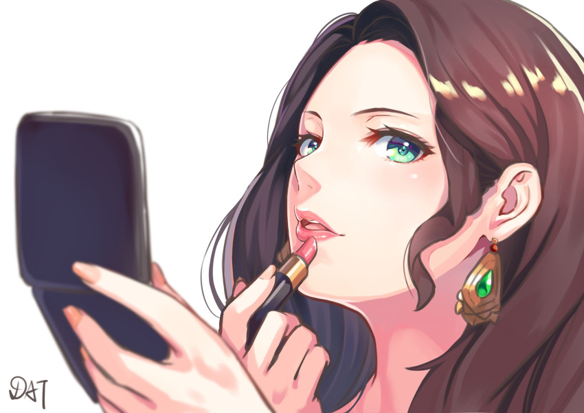 1girl brown_hair close-up commentary_request da-cart dorothea_arnault earrings face female_focus fire_emblem fire_emblem:_three_houses fire_emblem:_three_houses fire_emblem_16 green_eyes hand_mirror highres intelligent_systems jewelry lipstick long_hair looking_at_viewer looking_to_the_side makeup mirror nintendo pink_lips