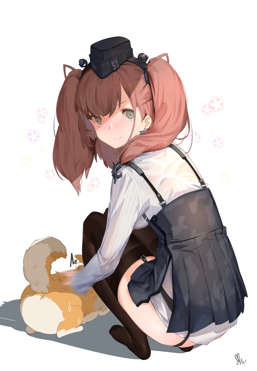 1girl absurdres animal atlanta_(kantai_collection) bangs black_legwear black_skirt blush breasts brown_hair camouflage camouflage_skirt dog earrings from_behind garrison_cap garter_straps hat head_tilt headgear high-waist_skirt highres jewelry kantai_collection long_hair long_sleeves motion_blur no_shoes petting signature simple_background single_earring skirt smile solo squatting star star_earrings sweat twintails white_background yamano_(yamanoh)