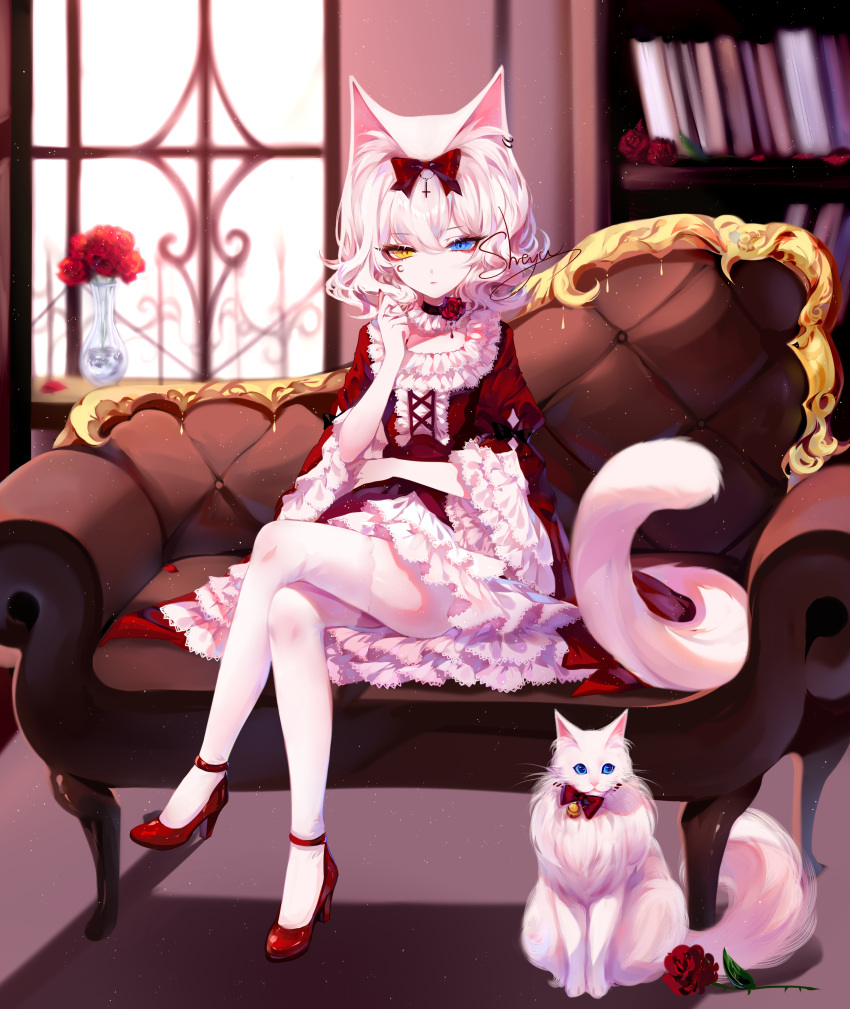 1girl absurdres animal_ears artist_name bell blue_eyes book bookshelf bow cat cat_ears center_frills couch crescent crossed_legs dress facial_mark flower frilled_sleeves frills hair_bow heterochromia high_heels highres indoors jingle_bell juliet_sleeves long_sleeves looking_at_viewer original petticoat puffy_sleeves red_bow red_dress red_flower red_footwear red_rose rose shadow sheya short_hair signature silver_hair sitting thigh-highs vase white_background white_cat wide_sleeves window yellow_eyes zettai_ryouiki