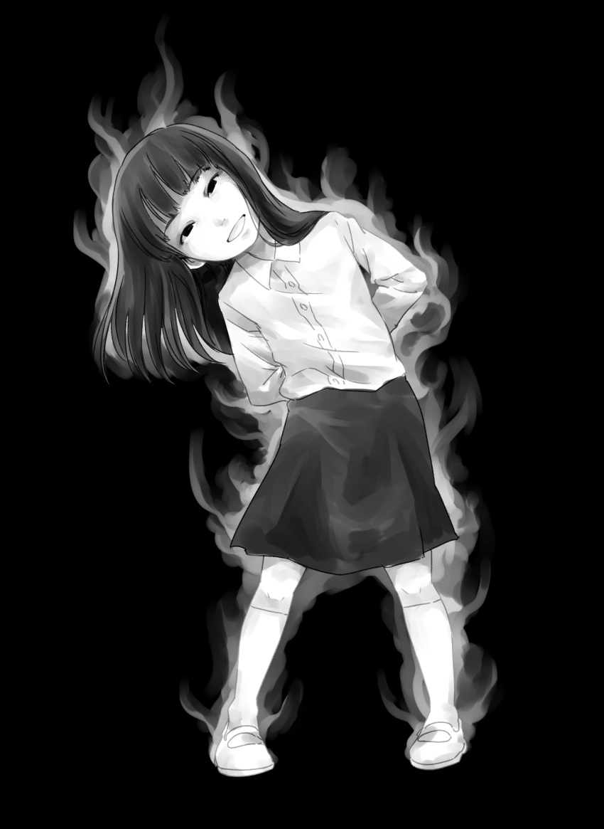 1girl absurdres black_hair commentary_request highres long_hair looking_at_viewer monoe open_mouth ouhashi_(yumenosukima) shirt simple_background skirt smile solo yume_nikki