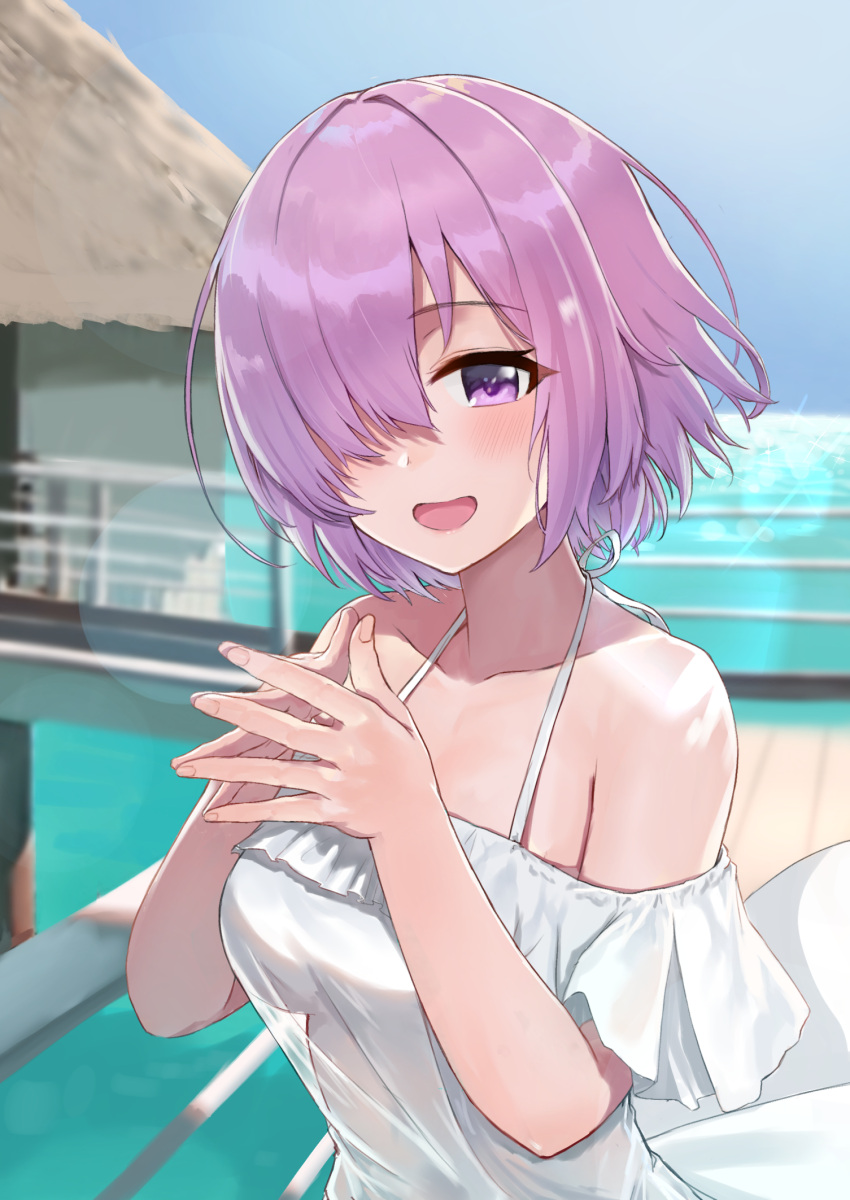 1girl bare_shoulders blue_sky blush breasts collarbone dress fate/grand_order fate_(series) fingers_together hair_over_one_eye highres jjeono large_breasts lavender_hair looking_at_viewer mash_kyrielight open_mouth short_hair sky smile solo violet_eyes white_dress