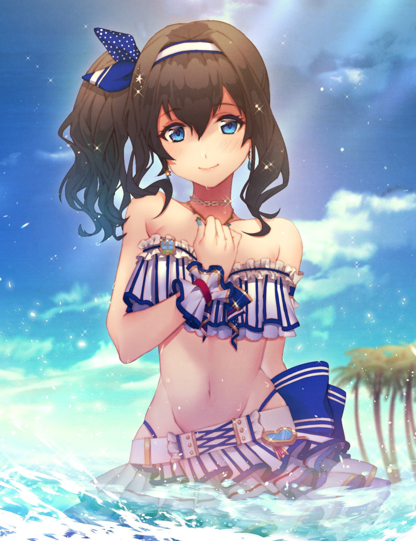 1girl a-1_pictures back_bow bandai bangs bikini bikini_skirt blue_bow blue_eyes blue_nails blue_sky blurry blurry_background bow brown_hair choker closed_mouth clouds collarbone day earrings eyebrows_visible_through_hair groin hair_between_eyes hair_bow hairband highleg highleg_bikini highres idolmaster idolmaster_cinderella_girls idolmaster_cinderella_girls_starlight_stage jewelry jugemu_(qqkyon) long_hair looking_at_viewer nail_polish namco navel outdoors palm_tree partially_submerged sagisawa_fumika side_ponytail sky smile solo sparkle standing striped sunlight swimsuit tree vertical-striped_bikini vertical_stripes wading white_bikini white_hairband
