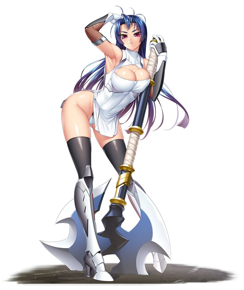 1girl arm_up armpits axe bangs bare_shoulders battle_axe black_legwear blue_hair breasts commentary_request covered_navel dress elbow_gloves eyebrows_visible_through_hair fishnets full_body gloves gradient gradient_hair highres holding kagami_hirotaka large_breasts long_hair looking_at_viewer multicolored_hair official_art panties parted_lips pelvic_curtain red_eyes shadow shiny shiny_hair shiny_skin short_dress simple_background sleeveless solo standing taimanin_(series) taimanin_murasaki thigh-highs thighs turtleneck underwear weapon white_background yatsu_murasaki