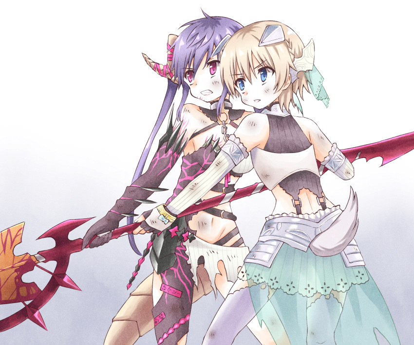 2girls blue_eyes bruise ebisuzawa_kurumi gakkou_gurashi! highres holding holding_weapon injury kirara_fantasia long_hair ma_tsukasa multiple_girls naoki_miki purple_hair short_hair silver_hair skirt twintails violet_eyes weapon