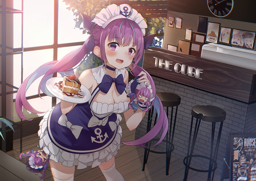 &gt;_&lt; 1girl anchor_symbol breasts cafe cake chair chibi clock commentary_request drill_hair food hair_ribbon highres hololive kagura_mea kagura_mea_channel looking_at_viewer maid_headdress medium_breasts minato_aqua multicolored_hair photo plant plate ribbon solo twin_drills violet_eyes virtual_youtuber window
