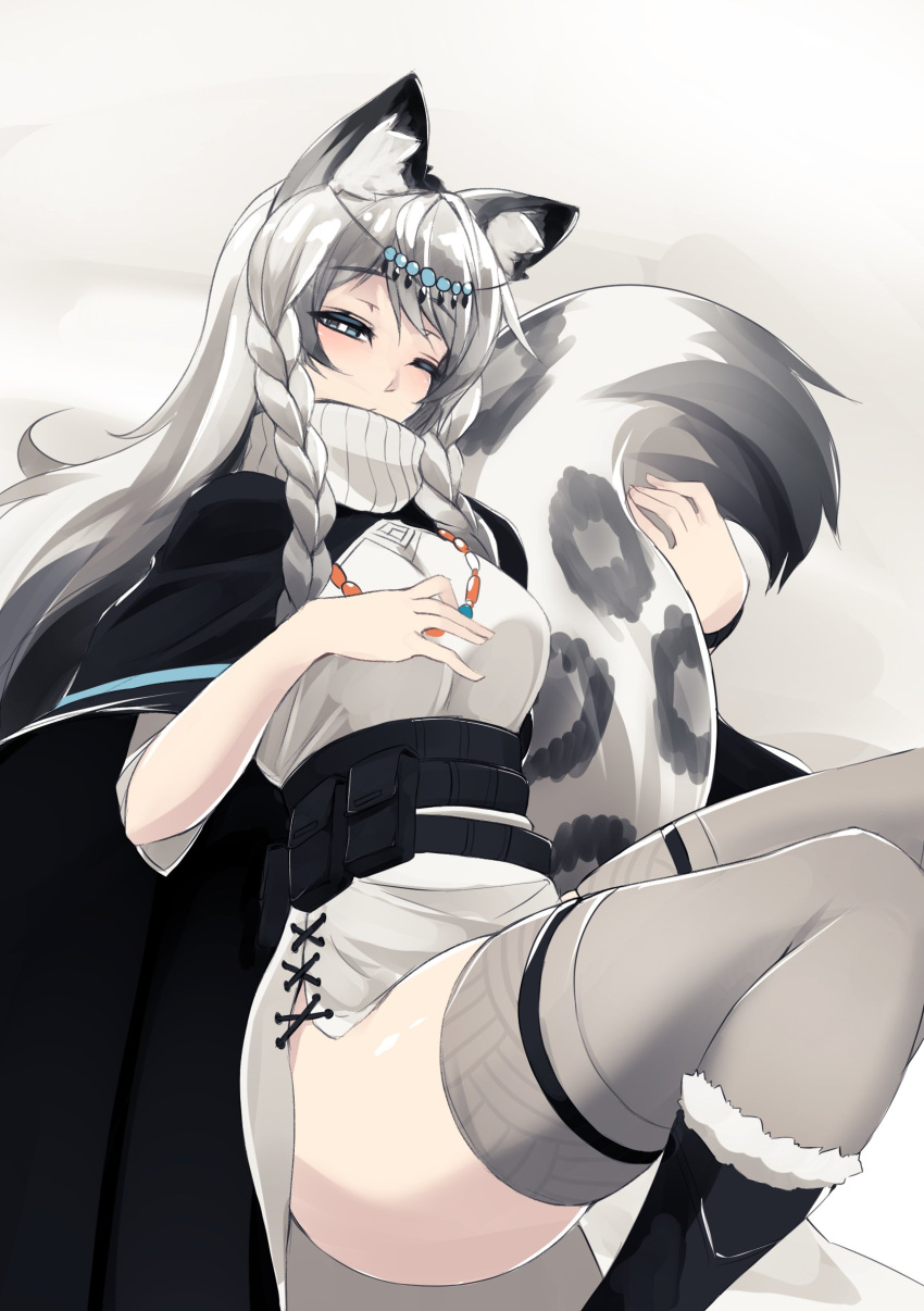 1girl animal_ears animal_print arknights belt black_footwear blue_eyes boots braid closed_eyes commentary fur-trimmed_boots fur_trim grey_background grey_hair grey_legwear half-closed_eye highres jewelry knee_boots leopard_ears leopard_print leopard_tail long_hair looking_at_viewer necklace pramanix_(arknights) simple_background solo sub-res tail thigh-highs twin_braids utility_belt