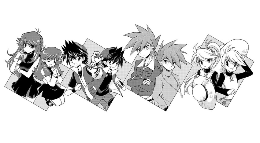 4boys 4girls ayateaori baseball_cap blue_(pokemon) breasts commentary crossed_arms dress dual_persona earrings flat_chest greyscale hat holding holding_poke_ball jewelry looking_at_viewer monochrome multiple_boys multiple_girls ookido_green pendant poke_ball poke_ball_(generic) pokemon pokemon_special ponytail red_(pokemon) short_dress simple_background small_breasts spiky_hair straw_hat yellow_(pokemon)