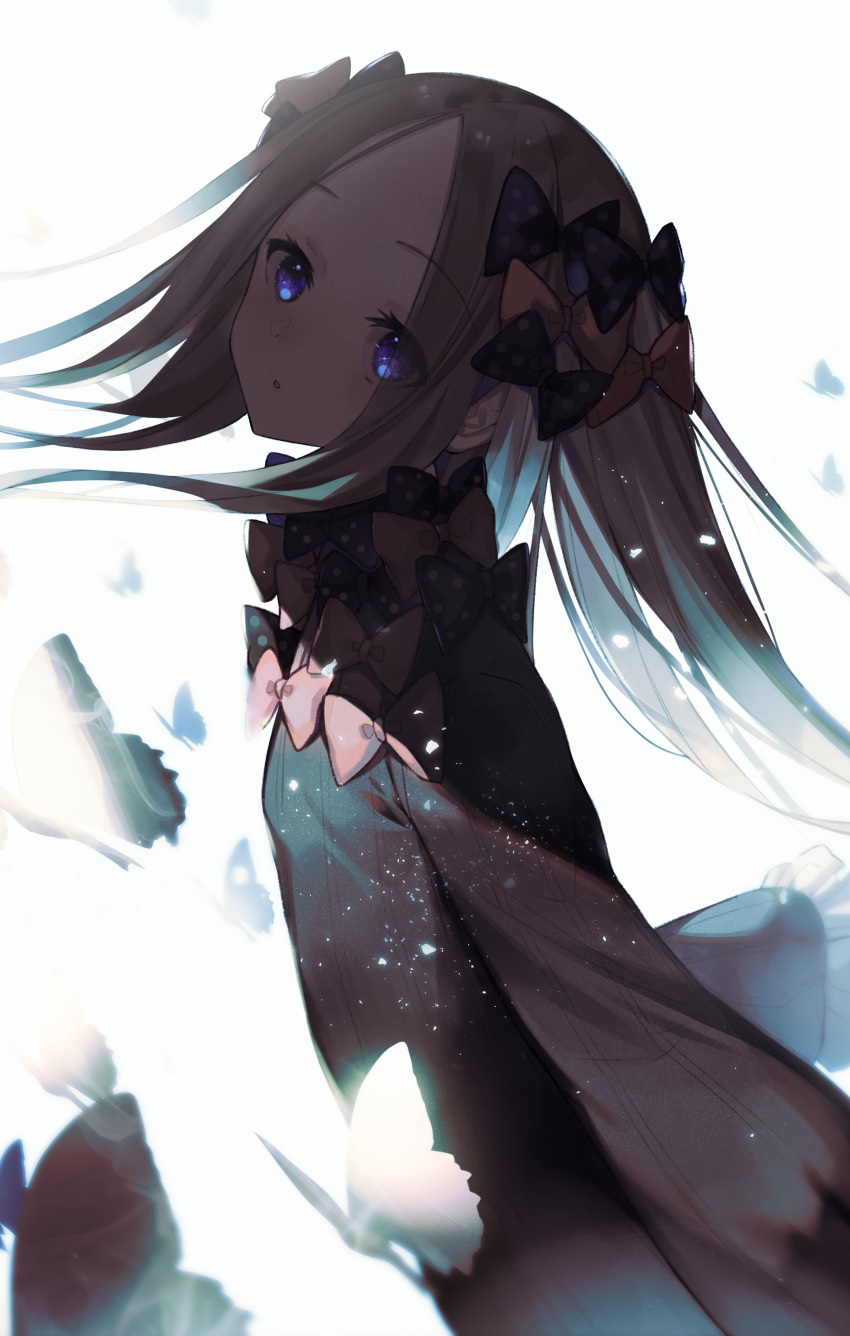 1girl abigail_williams_(fate/grand_order) absurdres backlighting bangs black_bow black_dress blonde_hair blue_eyes blush bow breasts bug butterfly dress fate/grand_order fate_(series) forehead hair_bow head_tilt highres insect long_hair long_sleeves looking_at_viewer multiple_bows open_mouth orange_bow parted_bangs polka_dot polka_dot_bow solo ugusu24 white_background