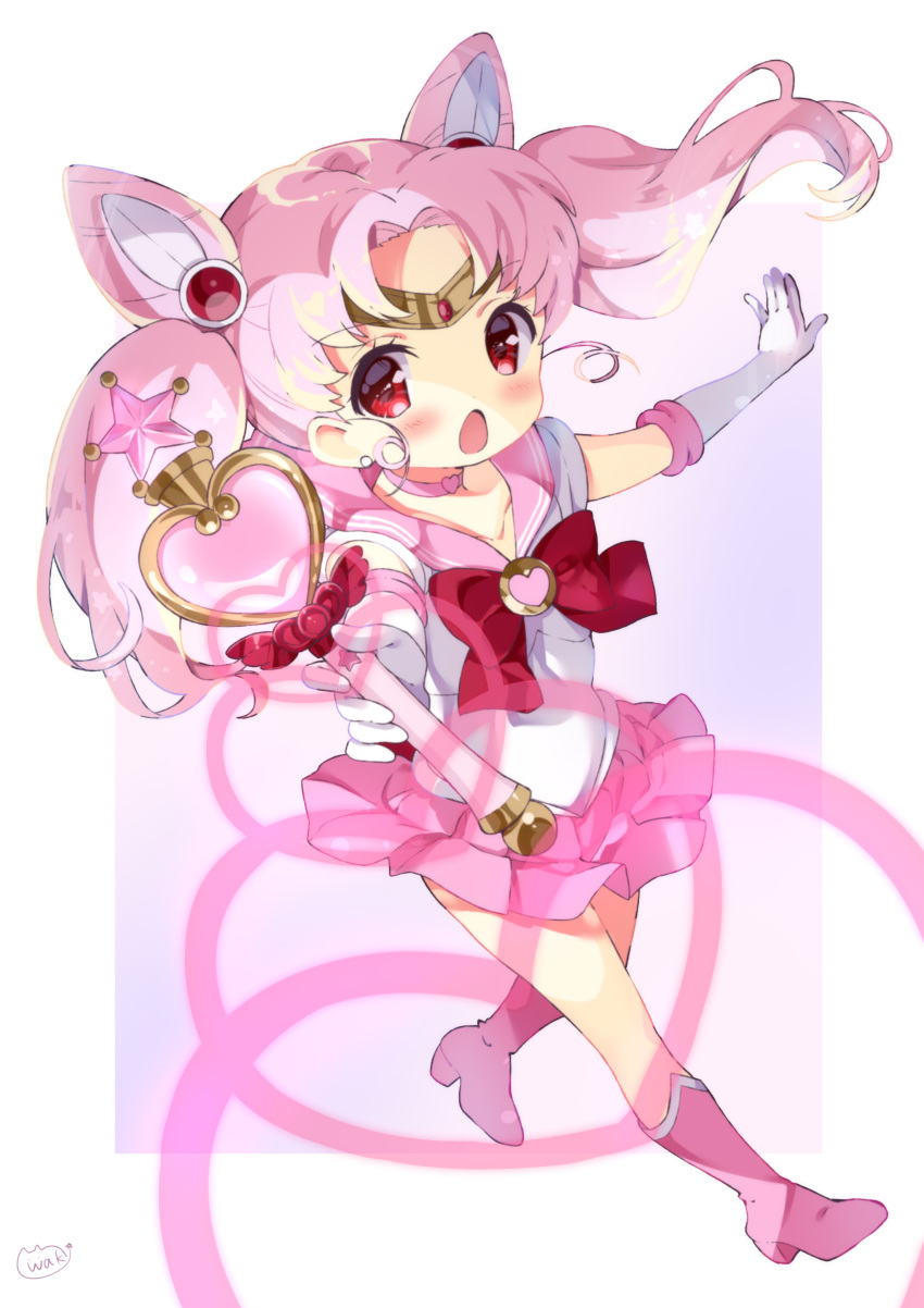 1girl absurdres bishoujo_senshi_sailor_moon blush boots bow chibi_usa commentary_request elbow_gloves full_body gloves headpiece heart high_heel_boots high_heels highres holding holding_wand knee_boots long_hair looking_at_viewer neki_(wakiko) open_mouth outstretched_arms pink_footwear pink_hair pink_moon_stick pink_sailor_collar pink_skirt pleated_skirt purple_background red_bow red_eyes sailor_chibi_moon sailor_collar sailor_senshi_uniform shirt short_sleeves signature skirt solo star twintails two-tone_background wand white_background white_gloves white_shirt