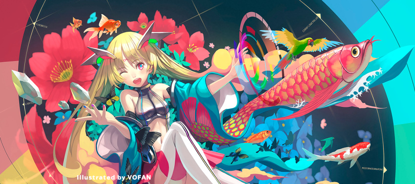 1girl :d artist_name bare_shoulders blonde_hair blue_pupils bug butterfly crystal detached_sleeves fish insect koi long_hair long_sleeves multicolored multicolored_nails nail_polish navel one_eye_closed open_mouth original red_eyes smile solo thigh-highs vofan white_legwear wide_sleeves