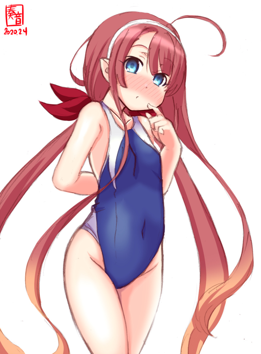 ahoge alternate_costume artist_logo asymmetrical_bangs bangs blue_eyes blue_swimsuit blush commentary_request competition_swimsuit covered_navel dated flat_chest hair_ribbon hairband head_tilt highleg highleg_swimsuit highres index_finger_raised kanon_(kurogane_knights) kantai_collection kawakaze_(kantai_collection) long_hair looking_at_viewer low_twintails nose_blush one-piece_swimsuit pointy_ears redhead ribbon sidelocks simple_background standing swimsuit twintails very_long_hair white_background