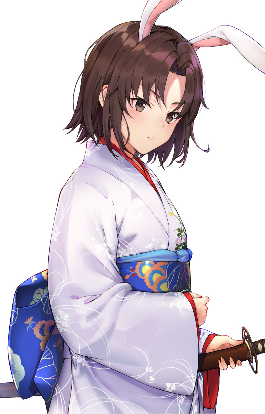 1girl absurdres animal_ears bangs black_cola blue_bow blush bow brown_eyes brown_hair closed_mouth commentary_request eyebrows_visible_through_hair fate/grand_order fate_(series) grey_kimono highres holding holding_sheath japanese_clothes katana kemonomimi_mode kimono long_sleeves obi parted_bangs rabbit_ears ryougi_shiki sash sheath sheathed simple_background sleeves_past_wrists solo sword v-shaped_eyebrows weapon white_background wide_sleeves
