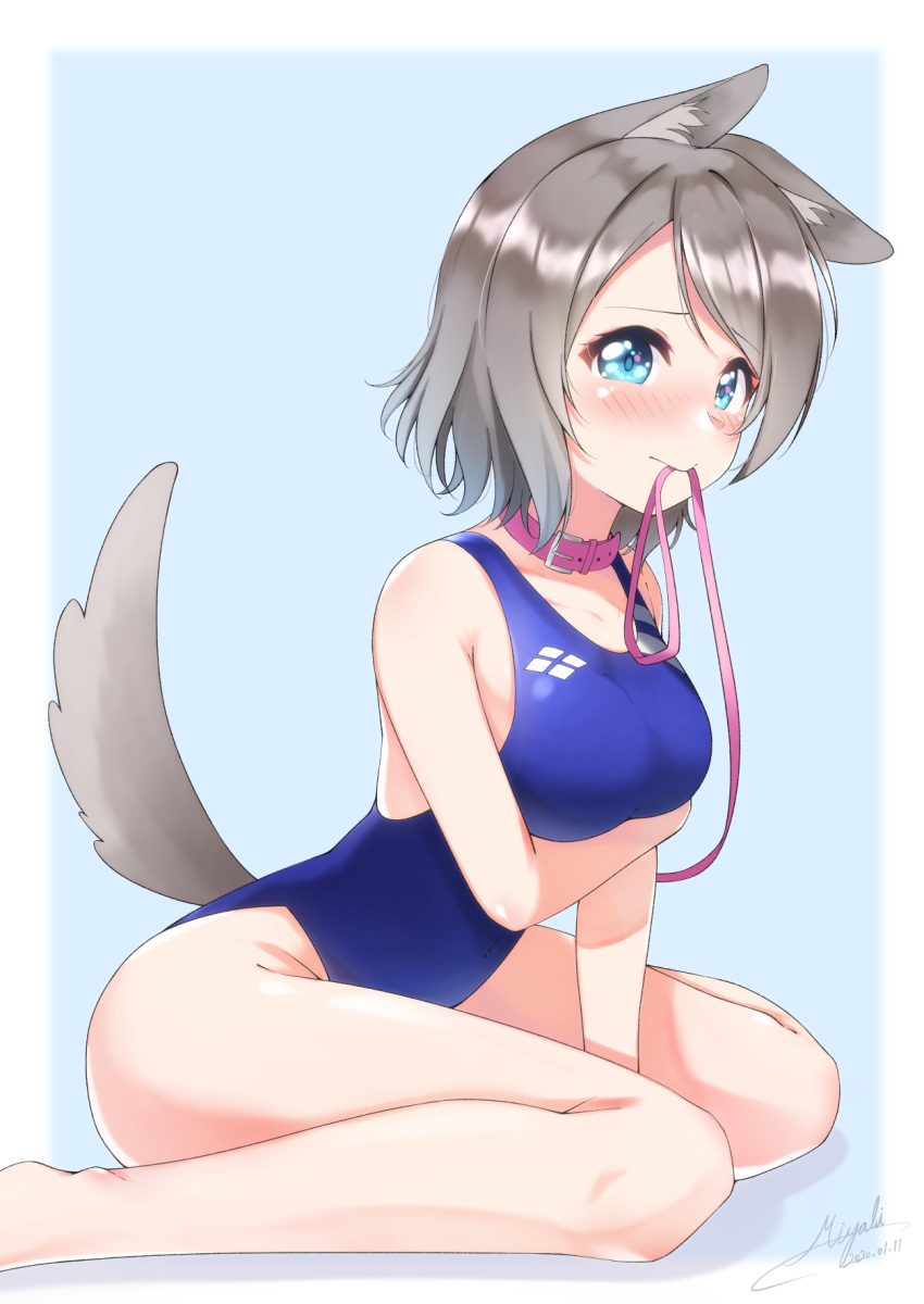 1girl animal_ears blue_background blue_eyes blue_swimsuit border breasts collar competition_swimsuit dog_collar dog_ears dog_tail grey_hair haruna_miyabi highres kemonomimi_mode leash looking_at_viewer love_live! love_live!_sunshine!! medium_breasts one-piece_swimsuit short_hair sitting smile solo swimsuit tail two-tone_background wariza watanabe_you white_border