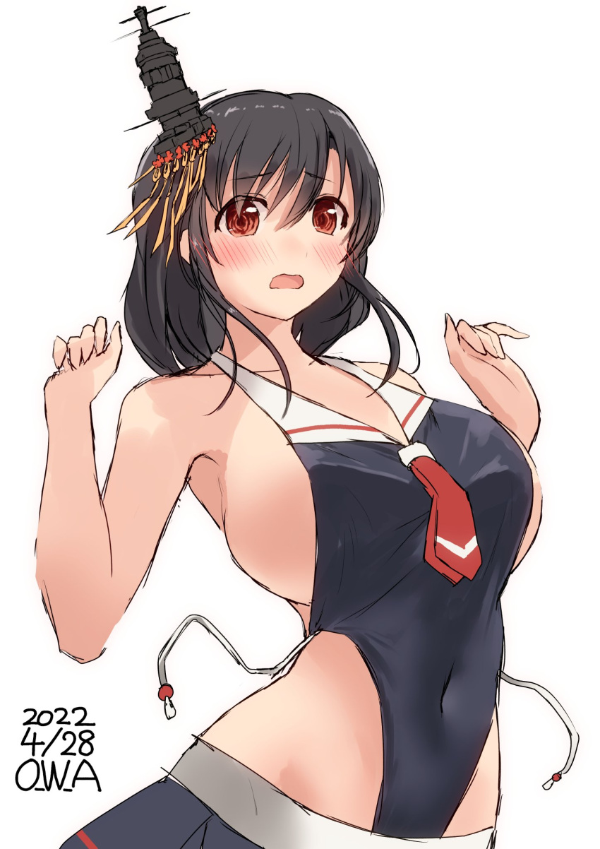 1girl artist_name black_hair black_skirt black_swimsuit breasts casual_one-piece_swimsuit commentary_request dated hair_ornament highleg highleg_swimsuit highres kantai_collection large_breasts one-hour_drawing_challenge one-piece_swimsuit owa_(ishtail) red_eyes short_hair simple_background skirt solo swimsuit white_background yamashiro_(kancolle)