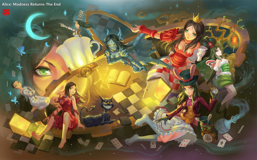1boy 1girl alice:_madness_returns alice_(wonderland) alice_in_wonderland black_hair blood breasts cheshire_cat closed_mouth dress feet gloves green_eyes highres long_hair looking_at_viewer multiple_persona short_hair shui_qian_he_kafei very_short_hair