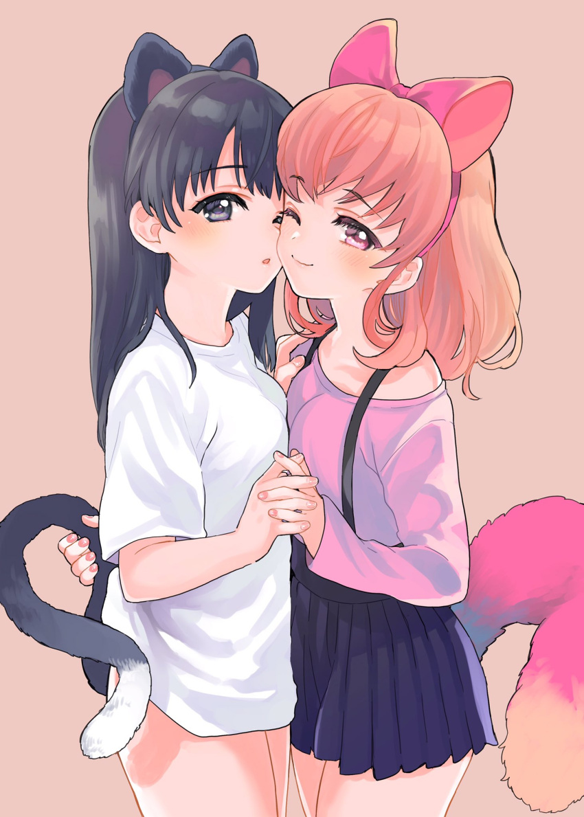 2girls amezawa_koma animal_ears black_eyes black_hair blue_skirt blush bottomless breast_press breasts cat_ears cat_tail comitia commentary_request cowboy_shot fake_animal_ears hand_on_another's_shoulder highres holding_hands interlocked_fingers long_hair long_sleeves looking_at_viewer multiple_girls one_eye_closed original parted_lips pink_background pink_eyes pink_hair pleated_skirt simple_background skirt small_breasts smile suspenders symmetrical_docking tail tail_grab