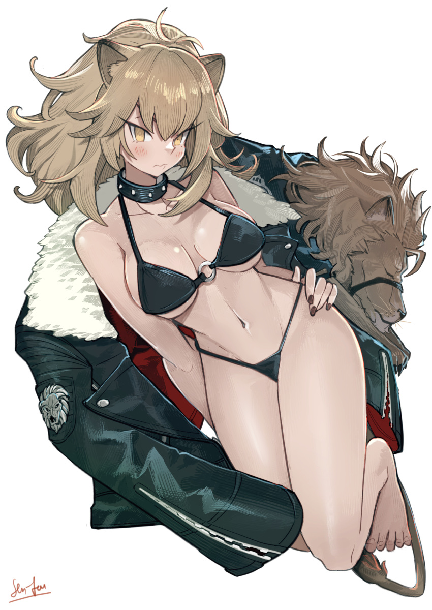 1girl absurdres animal animal_ears arknights bangs barefoot bikini black_bikini black_nails blush breasts brown_hair choker closed_mouth fur-trimmed_jacket fur_trim highres jacket large_breasts lion lion_ears lion_girl lion_tail long_hair nail_polish navel o-ring o-ring_bikini sen-jou siege_(arknights) signature simple_background studded_choker swimsuit tail wavy_mouth white_background yellow_eyes