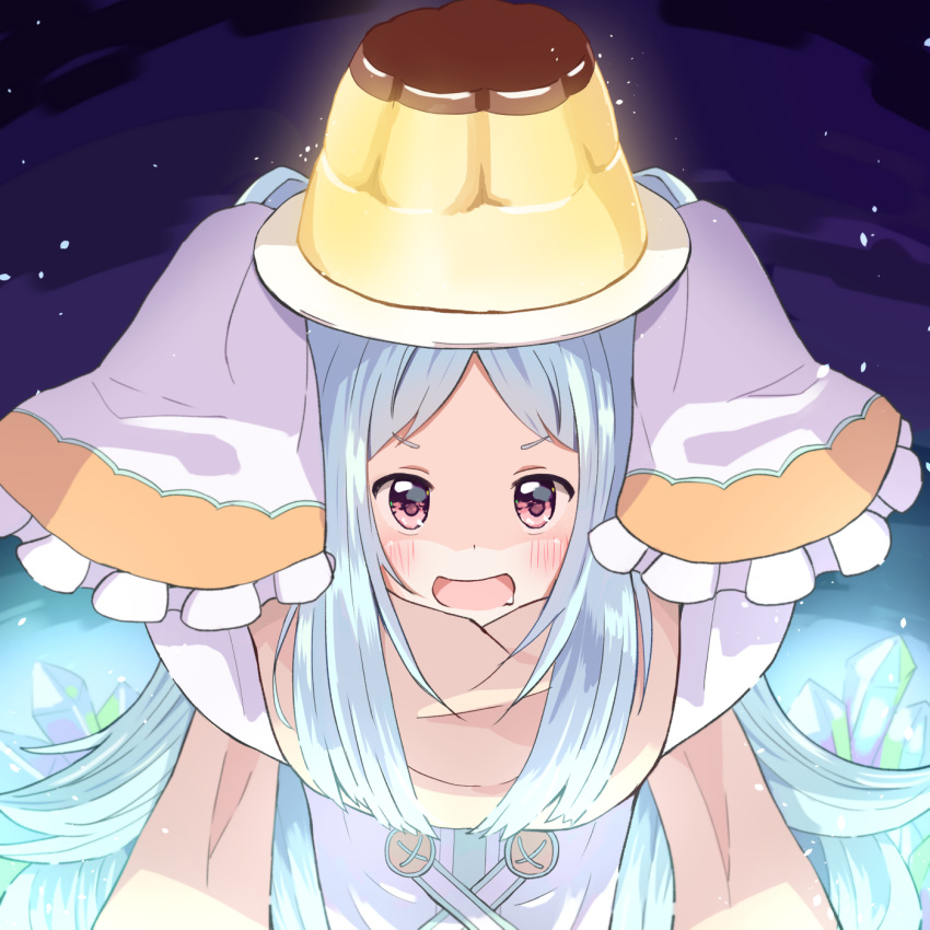 arms_up bangs blue_hair blush commentary_request drooling eyebrows_visible_through_hair food hair_between_eyes highres holding holding_food izumo_miyako long_sleeves looking_at_viewer night night_sky open_mouth parted_bangs princess_connect! princess_connect!_re:dive pudding red_eyes scarf shirt sidelocks sky sleeves_past_wrists uruc v-shaped_eyebrows white_shirt wide_sleeves yellow_scarf