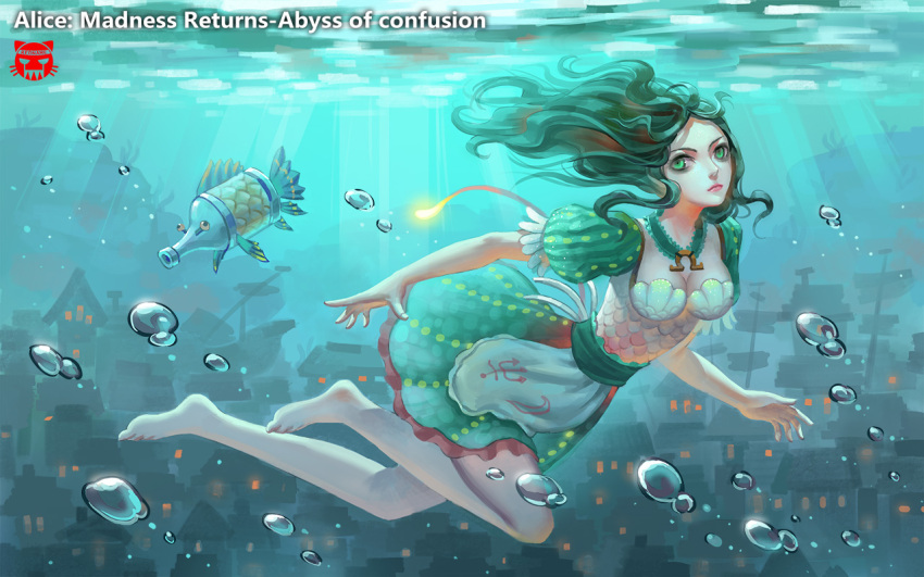 1girl alice:_madness_returns alice_(wonderland) alice_in_wonderland american_mcgee's_alice apron black_hair breasts closed_mouth commentary dress green_eyes jupiter_symbol long_hair looking_at_viewer shui_qian_he_kafei underwater