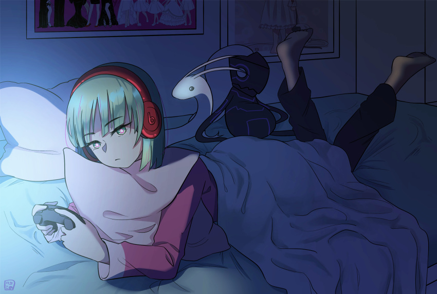 1girl alternate_costume bangs bed casual chuunibyou controller eyebrows_visible_through_hair green_eyes green_hair ground_vehicle headphones highres light_green_hair merkava military military_vehicle motor_vehicle night nyoomdoesstuff pajamas pants phonon_(under_night_in-birth) pillow pink_sweater playing short_hair snake solo stuffed_animal stuffed_toy sweater tank television under_night_in-birth