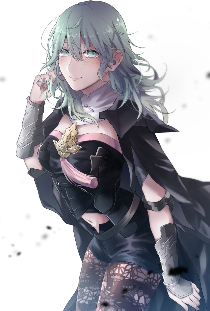 1girl armor bangs black_armor black_cape black_legwear black_shorts blurry blurry_background blush breasts byleth_(fire_emblem) byleth_eisner_(female) byleth_eisner_(female) cape commentary_request cowboy_shot cute detached_collar emblem eyebrows_visible_through_hair female_my_unit_(fire_emblem:_three_houses) fire_emblem fire_emblem:_three_houses fire_emblem:_three_houses fire_emblem_16 green_eyes green_hair hair_between_eyes hand_in_hair hand_up highres intelligent_systems kisaragi_(kisaragi0530) large_breasts long_hair looking_at_viewer my_unit_(fire_emblem:_three_houses) navel navel_cutout nintendo pantyhose patterned_clothing short_shorts shorts shoulder_armor sidelocks simple_background smile solo standing tassel white_background wrist_guards