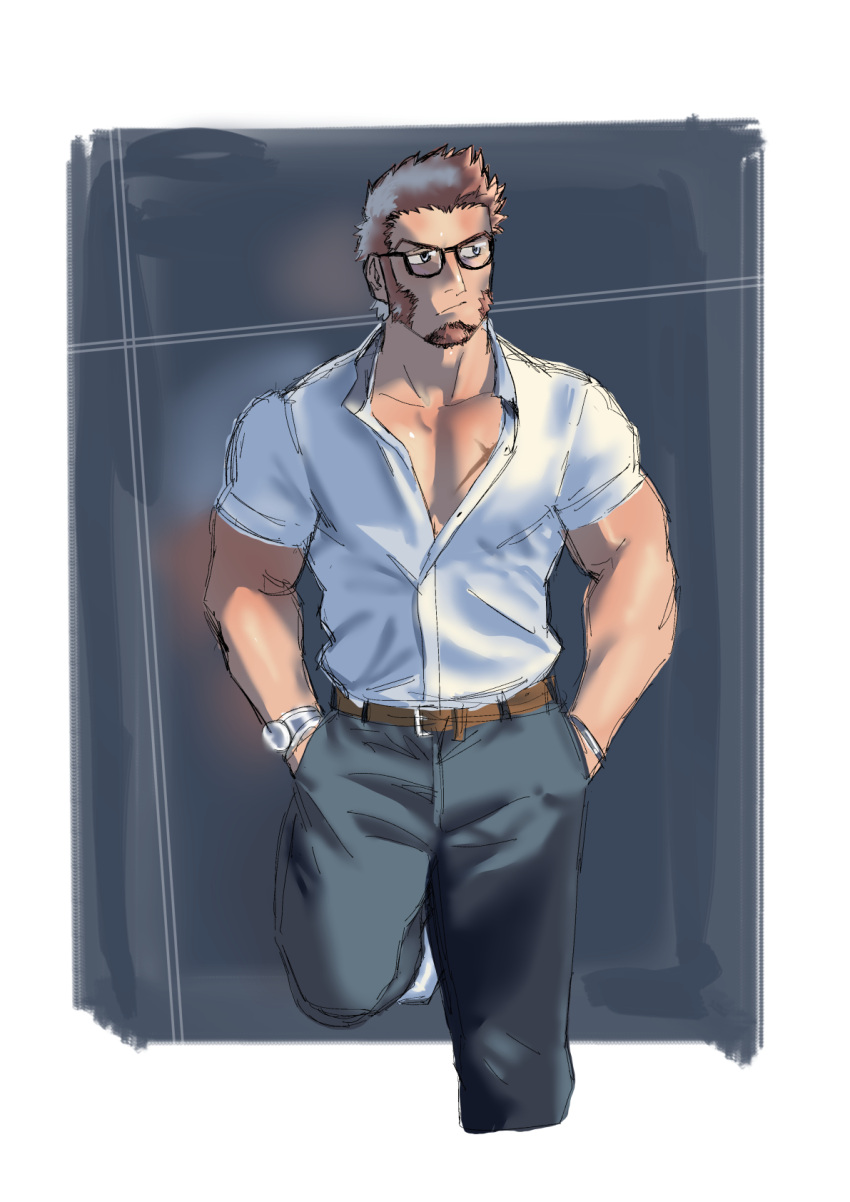 1321adgjmptw 1boy alternate_costume beard belt blue_eyes brown_hair chest closed_eyes denim facial_hair fate/grand_order fate_(series) glasses highres jeans long_sleeves male_focus muscle napoleon_bonaparte_(fate/grand_order) open_clothes open_shirt pants pectorals simple_background sketch solo thighs uniform