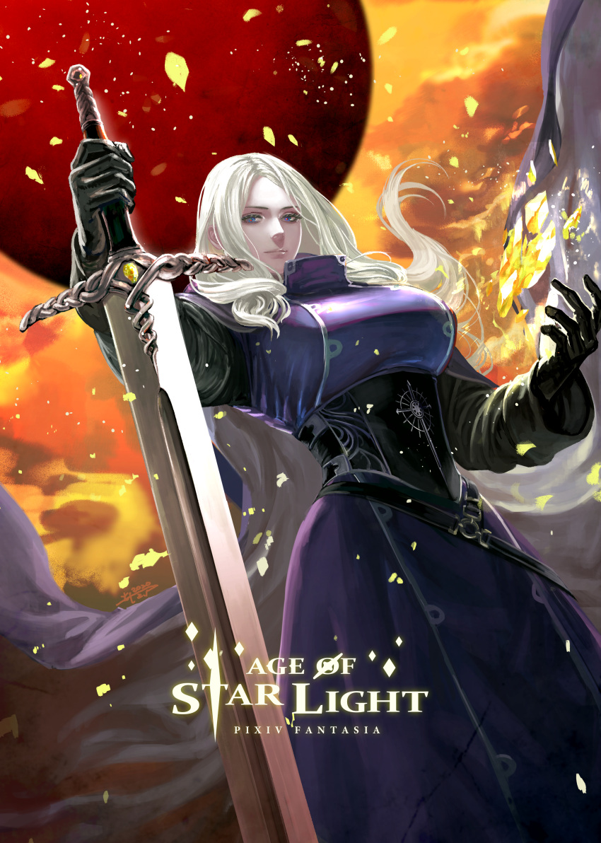 1girl abandoned_star_hundra absurdres black_gloves blue_eyes breasts cape dated dress gloves highres holding holding_sword holding_weapon huge_filesize large_breasts long_sleeves looking_at_viewer magic moyatarou pixiv_fantasia pixiv_fantasia_age_of_starlight purple_cape purple_dress solo standing sword weapon white_hair