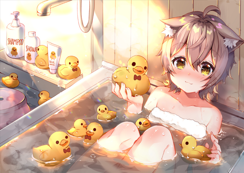 1girl ahoge animal_ear_fluff animal_ears bangs bare_shoulders bath bath_stool bathing bathtub blush brown_eyes brown_hair closed_mouth collarbone commentary_request eyebrows_visible_through_hair hair_between_eyes hands_up holding knees_up looking_at_viewer miru_annin miru_annin_channel naked_towel nose_blush partially_submerged rubber_duck shampoo_bottle short_hair sitting smile solo stool towel usagihime virtual_youtuber