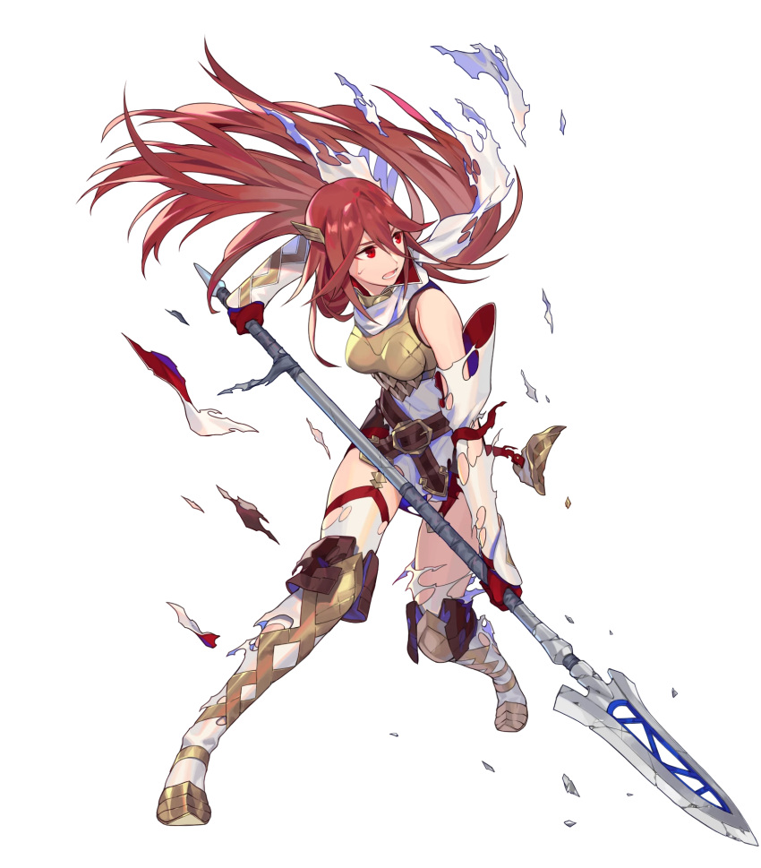 1girl armor bangs bare_shoulders belt boots breastplate cordelia_(fire_emblem) dress fire_emblem fire_emblem_awakening fire_emblem_heroes full_body garter_straps gloves highres katou_itsuwa official_art red_eyes redhead scarf shiny shiny_hair short_dress shoulder_armor solo thigh-highs thigh_boots transparent_background white_legwear white_scarf zettai_ryouiki