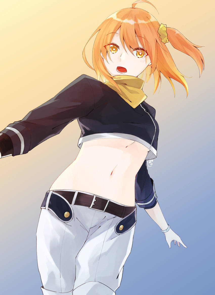 1girl ahoge bangs belt belt_buckle black_belt blonde_hair blue_background bracelet breasts buckle cowboy_shot crop_top eyebrows_visible_through_hair fate/grand_order fate_(series) fujimaru_ritsuka_(female) gradient gradient_background gradient_hair hair_between_eyes hair_ornament hair_scrunchie highres jewelry long_sleeves medium_breasts medium_hair midriff multicolored_hair navel open_mouth orange_hair outstretched_arms paaaajiiiiii pants scrunchie shiny shiny_hair side_ponytail solo standing stomach under_boob white_pants yellow_background yellow_eyes yellow_scrunchie