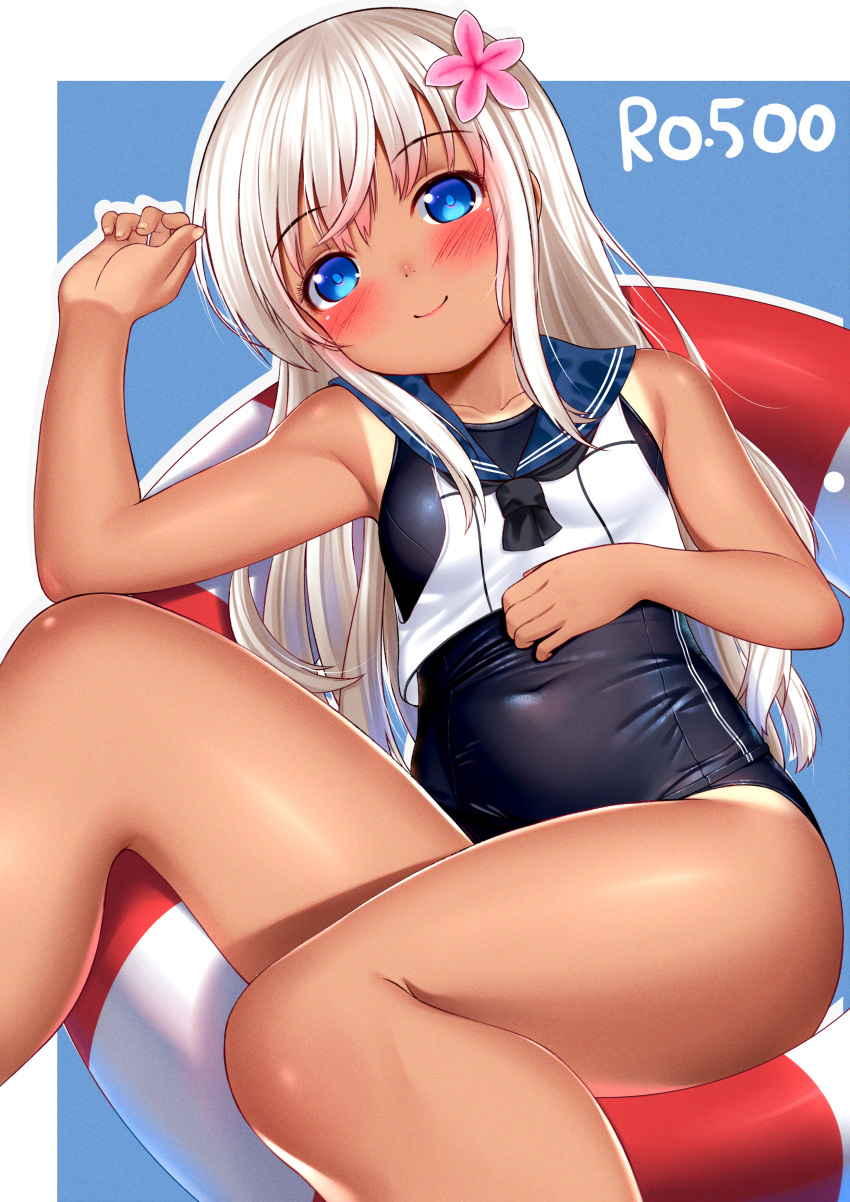 1girl 22-sai_(1092344778) absurdres black_swimsuit blonde_hair blue_background blue_eyes border character_name crop_top feet_out_of_frame flower hair_flower hair_ornament highres huge_filesize kantai_collection lifebuoy long_hair looking_at_viewer lying one-piece_tan ro-500_(kantai_collection) sailor_collar school_swimsuit smile solo swimsuit swimsuit_under_clothes tan tanline white_border