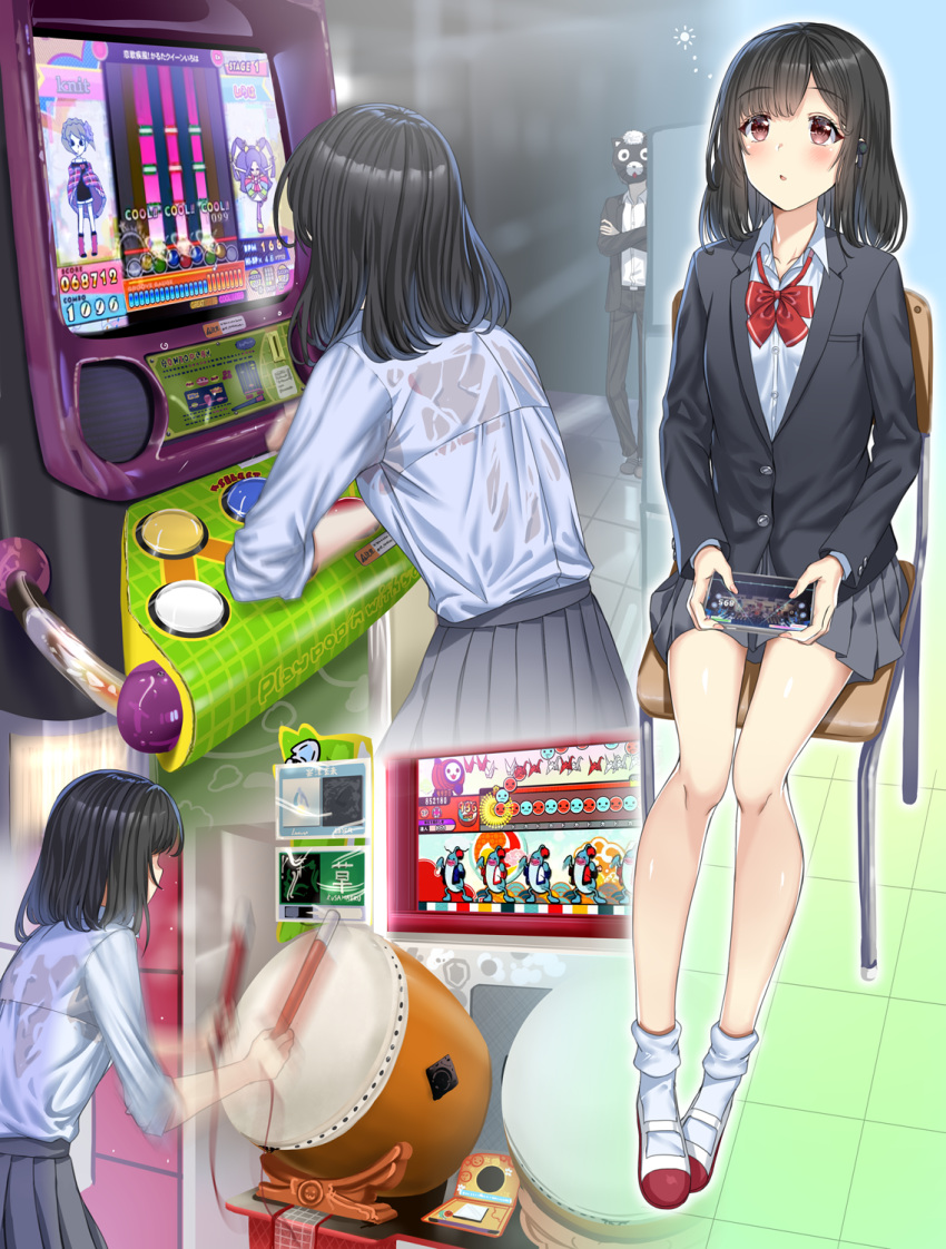 1boy 1girl aldehyde arcade arcade_cabinet bang_dream! bangs bare_thighs black_footwear black_hair black_jacket black_pants blazer blush bow bowtie breasts brown_eyes cat_mask cellphone chair collarbone collared_shirt commentary_request cowboy_shot crossed_arms drum drumsticks eyebrows_visible_through_hair face_mask full_body gameplay_mechanics grey_skirt heavy_breathing highres holding holding_phone instrument jacket loafers long_sleeves mask medium_hair miniskirt motion_blur multiple_views original pants phone playing_games pleated_skirt pop'n_music red_bow school_uniform shiny shiny_hair shirt shoes sidelocks skirt small_breasts smartphone sweat sweaty_clothes taiko_drum taiko_no_tatsujin taiko_sticks tile_floor tiles white_shirt wireless_earphones