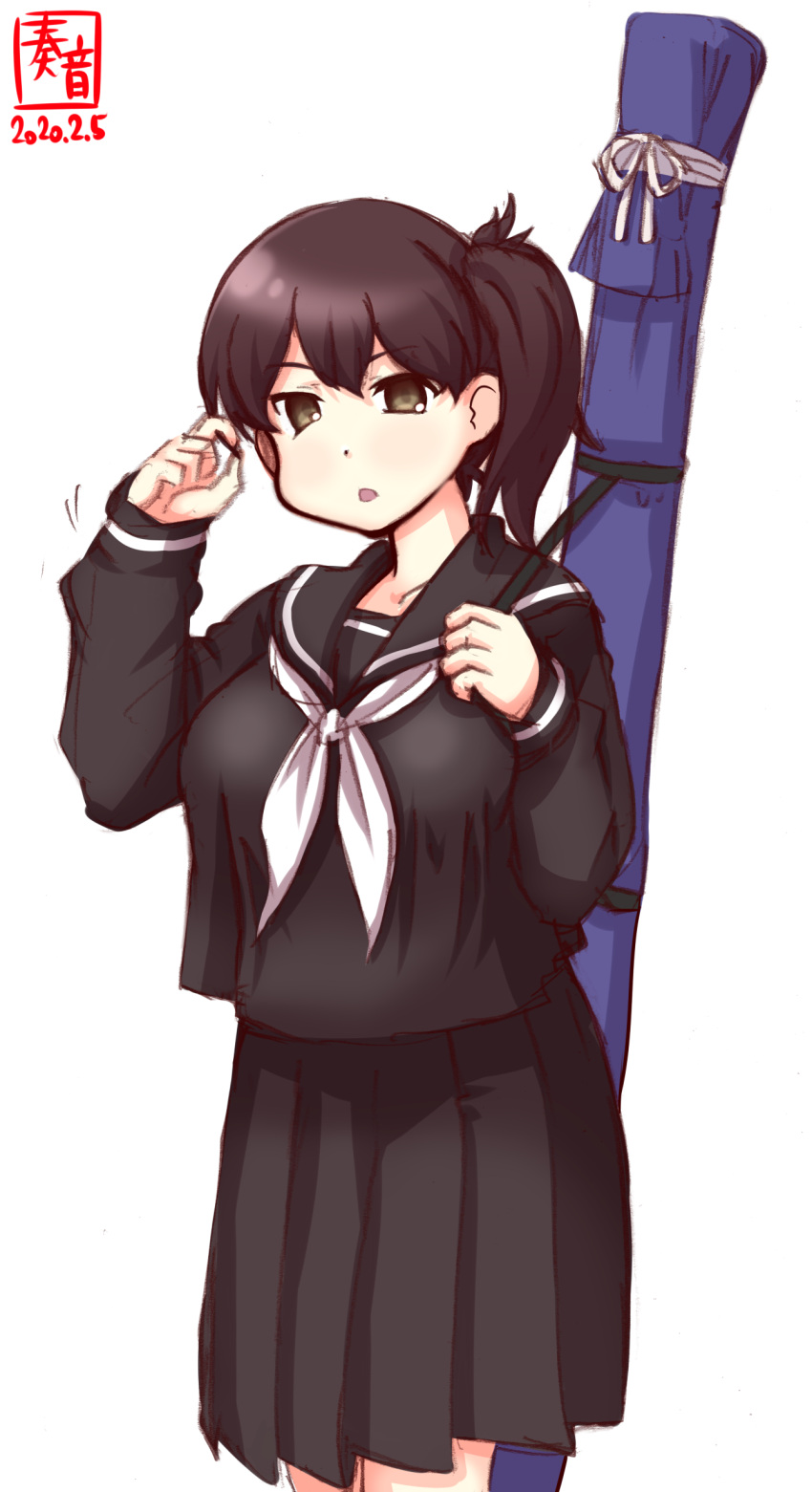 1girl absurdres alternate_costume artist_logo black_hair black_sailor_collar black_serafuku black_skirt brown_eyes commentary_request dated highres kaga_(kantai_collection) kanon_(kurogane_knights) kantai_collection long_hair long_skirt looking_at_viewer neckerchief pleated_skirt sailor_collar school_uniform serafuku side_ponytail simple_background skirt solo tube white_background white_neckwear