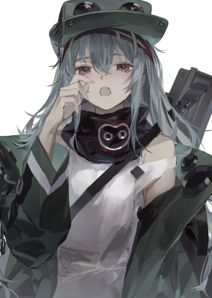 1girl bangs blush brown_eyes g11_(girls_frontline) girls_frontline green_headwear green_jacket grey_hair hair_between_eyes hat highres jacket long_hair long_sleeves luin_y off_shoulder open_mouth red_scarf scarf scarf_on_head shirt shoulder_cutout sidelocks simple_background solo white_background