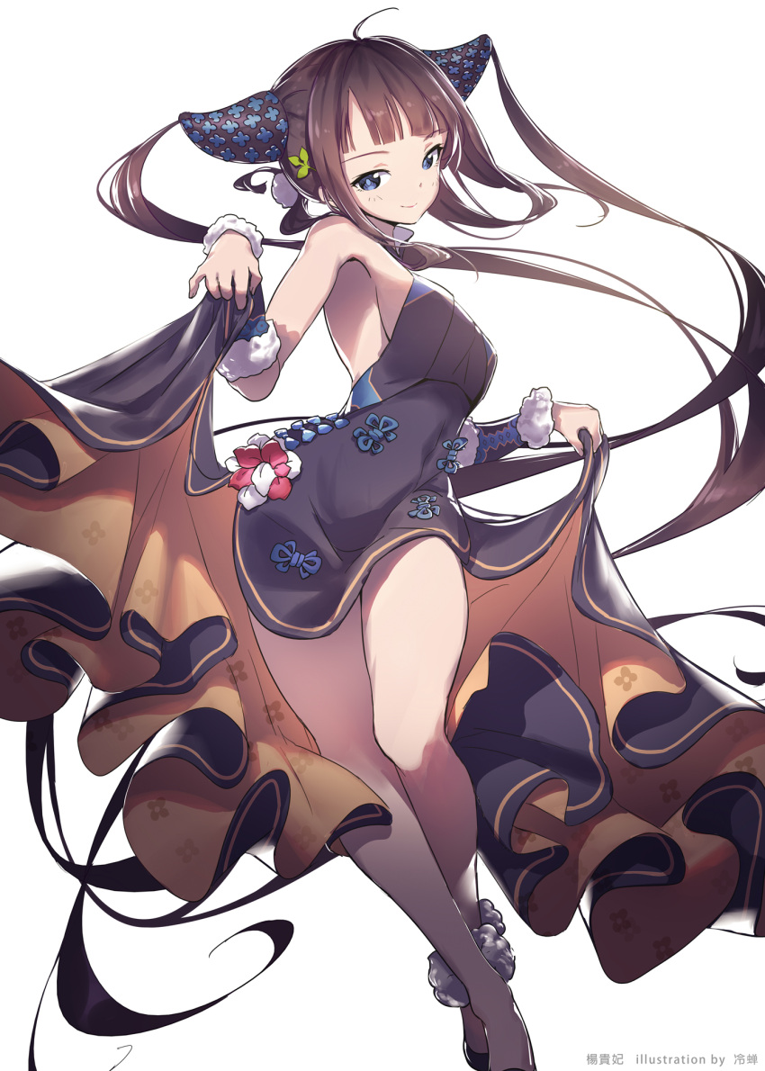 1girl armpits bangs bare_shoulders black_dress blue_eyes blunt_bangs blush breasts china_dress chinese_clothes closed_mouth covered_navel detached_sleeves dress fate/grand_order fate_(series) floral_print hair_ornament highres leaf_hair_ornament legs lengchan_(fu626878068) long_hair looking_at_viewer medium_breasts purple_hair sidelocks simple_background skirt skirt_lift smile solo twintails very_long_hair white_background yang_guifei_(fate/grand_order)