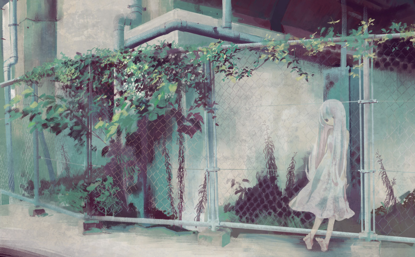 1girl bangs barefoot building dress fence highres kitaru_(mabo_f) leaf long_hair looking_at_viewer original pipes plant shadow solo standing white_dress white_hair wide_shot