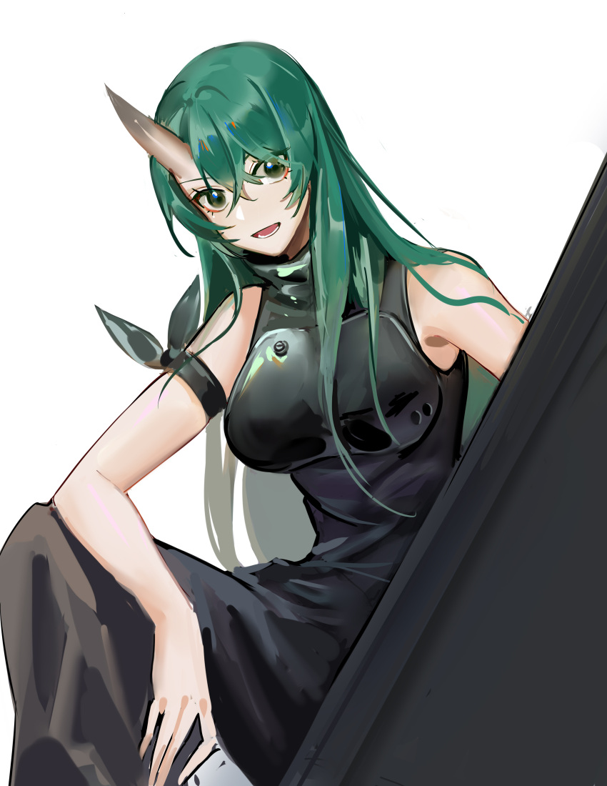 1girl :d absurdres almond_(gun) arknights arm_ribbon bangs bare_arms bare_shoulders black_dress black_ribbon breasts dress eyebrows_visible_through_hair feet_out_of_frame green_hair grey_eyes hair_between_eyes highres horn hoshiguma_(arknights) large_breasts long_hair looking_at_viewer open_mouth ribbon simple_background sleeveless sleeveless_dress smile solo white_background